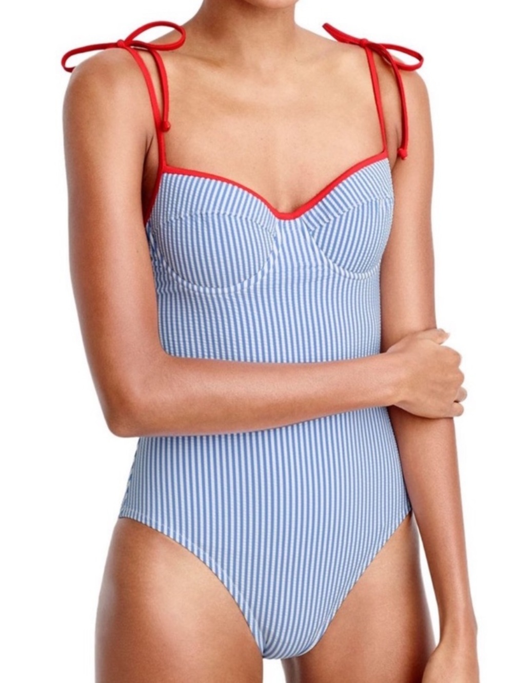 J. Crew Blue and White Seersucker One-Piece with Red Trim